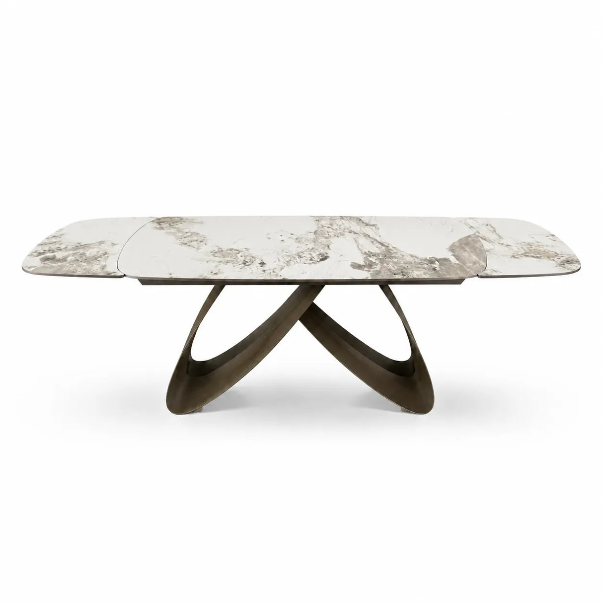 Tavolo Fly allungabile da 160 a 240 cm con piano in ceramica e base in metallo verniciato. Disponibile in due varianti di colore