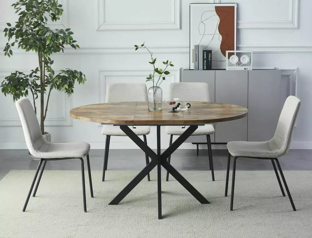 Tavolo allungabile Gaston con piano effetto rovere artigianale e gambe in metallo nero