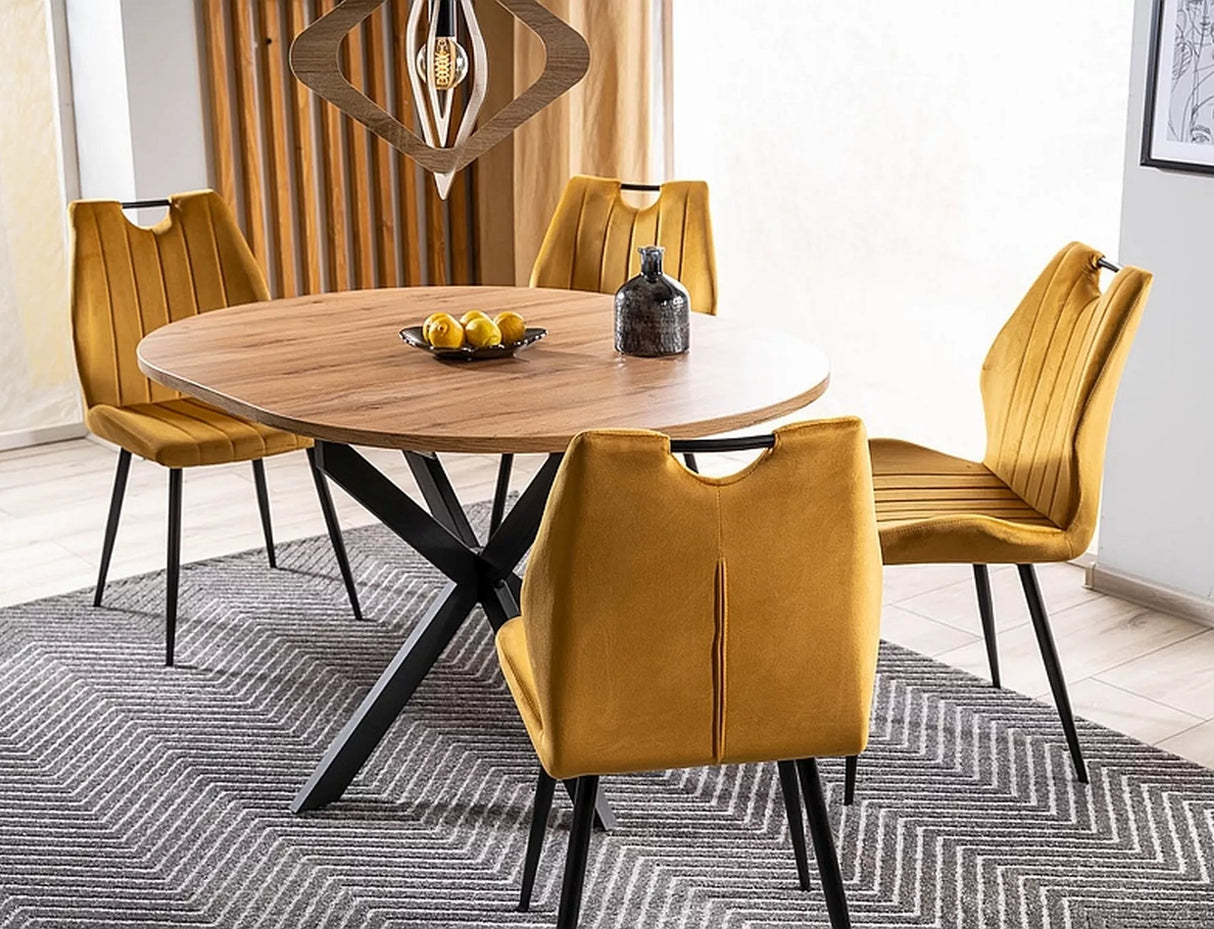 Tavolo allungabile Gaston con piano effetto rovere artigianale e gambe in metallo nero