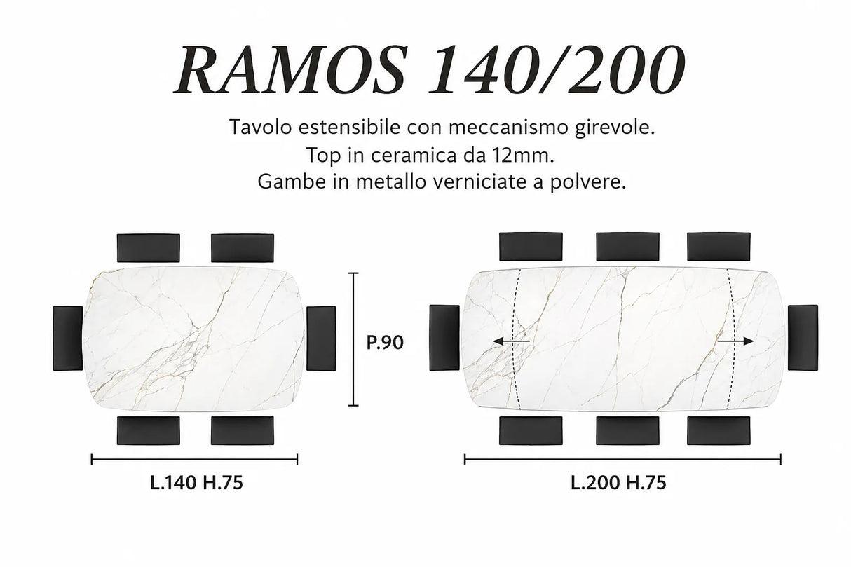 Tavolo allungabile Giove 140/200 cm con piano in ceramica effetto Marmo Nero Creta e struttura in metallo nero.