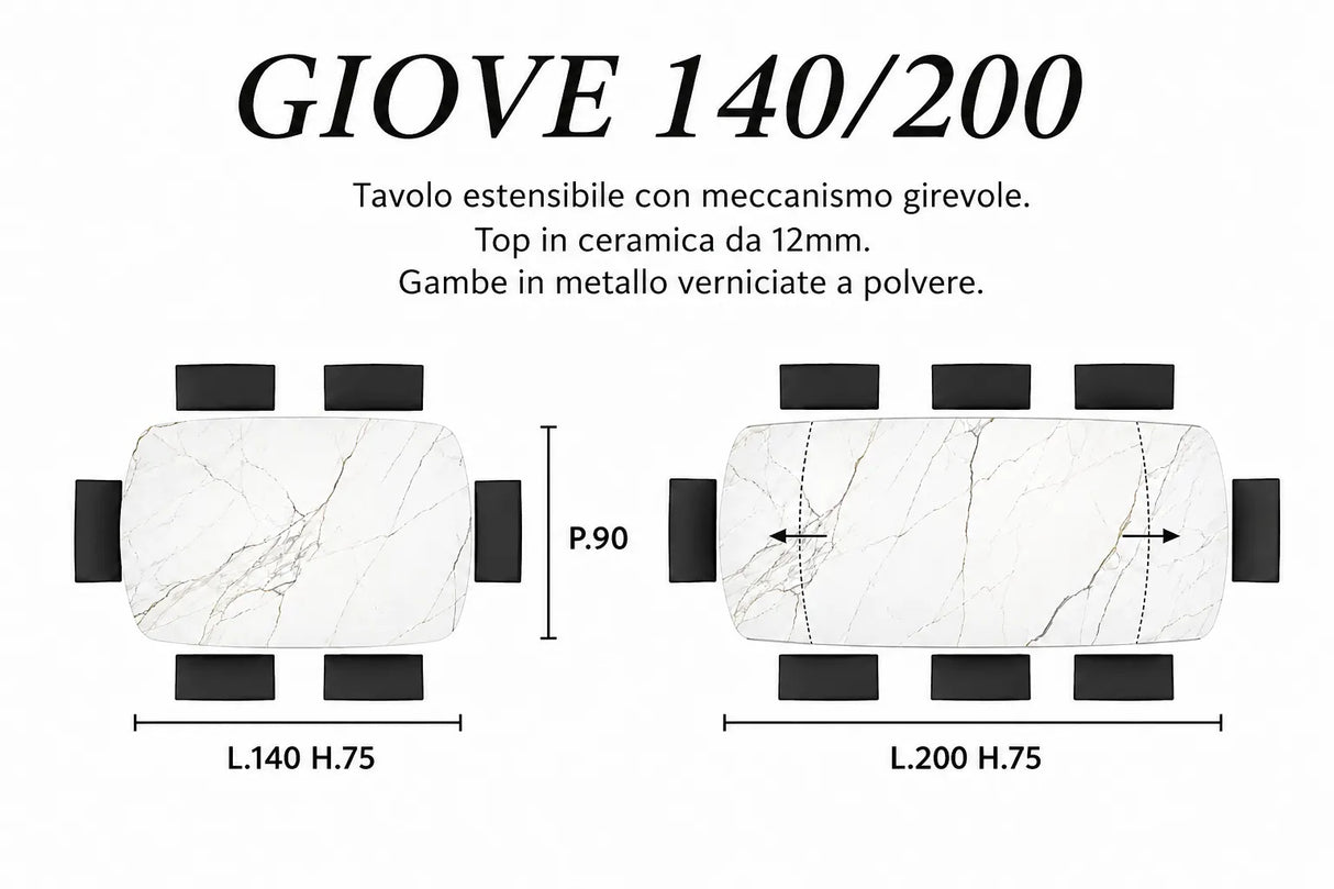 Tavolo allungabile Giove 140/200 cm con piano in ceramica effetto Marmo Nero Creta e struttura in metallo nero.