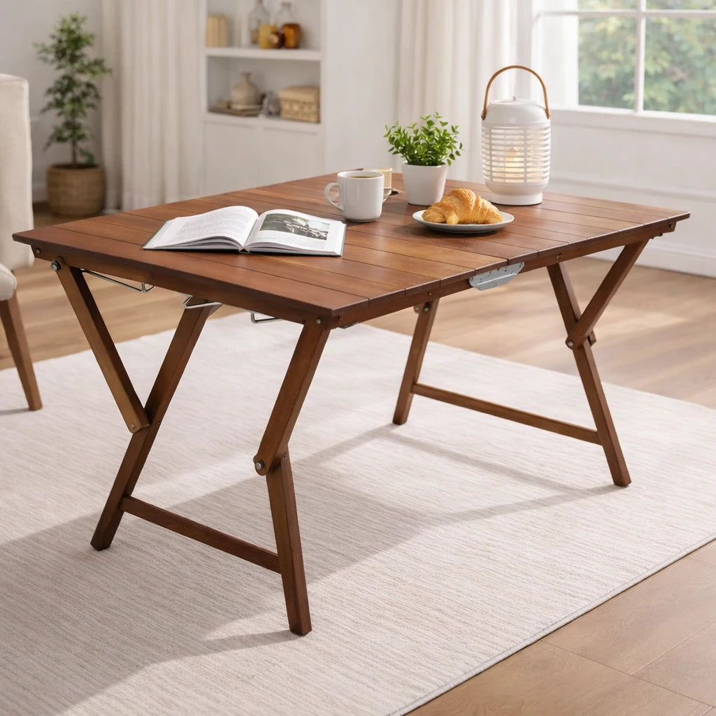 Tavolo grande pieghevole in legno di faggio 140x70 cm, richiudibile e robusto, ideale per interni ed esterni