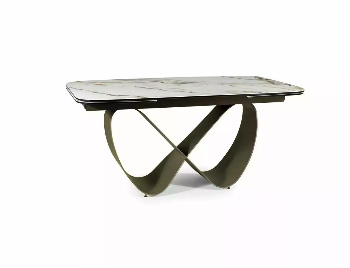 Tavolo Infinity Ceramic allungabile con top in vetroceramica marmo bianco e struttura in metallo oro opaco