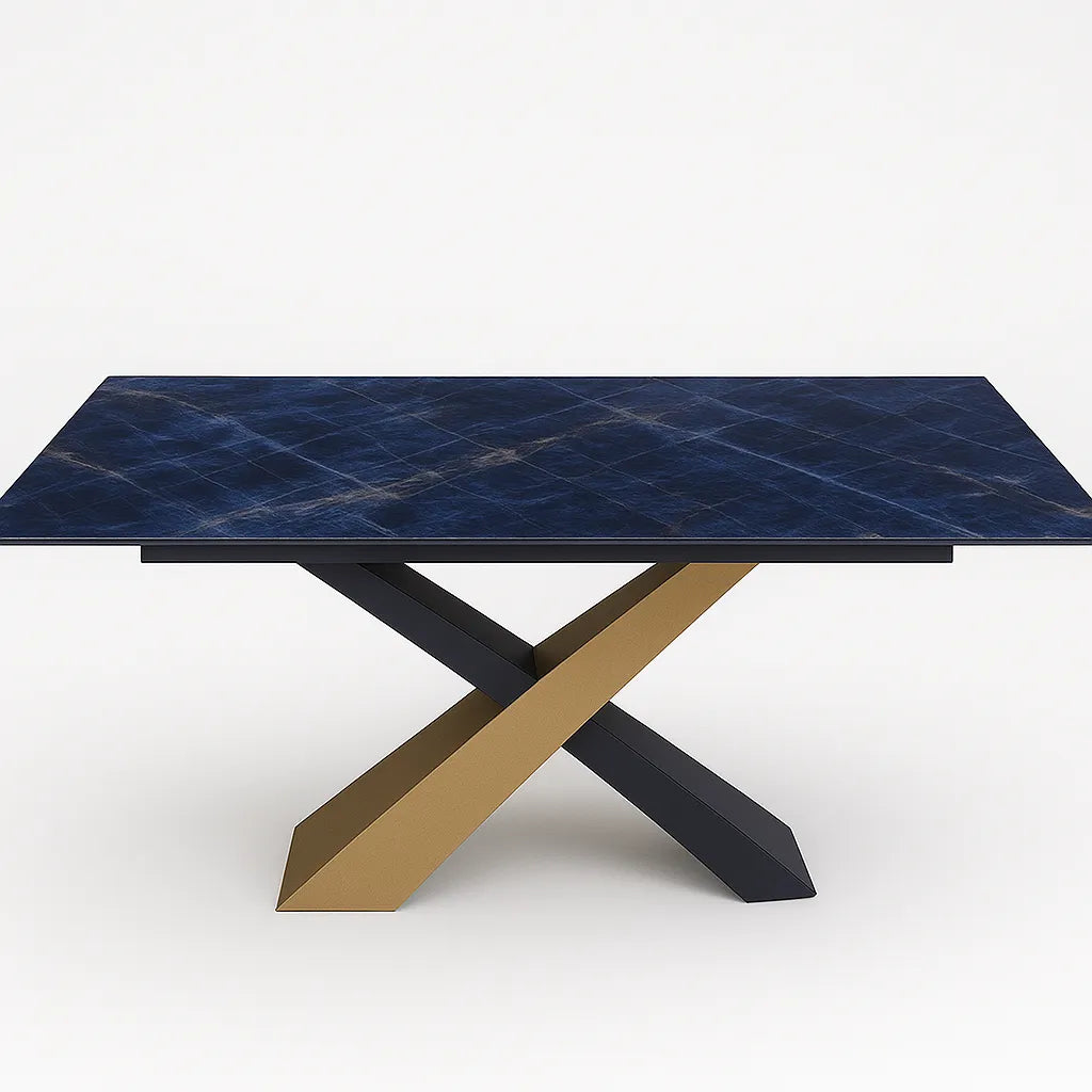 Tavolo Ixcence Abitare allungabile con struttura in metallo incrociato e piano in vetroceramica Sahara Noir lucido