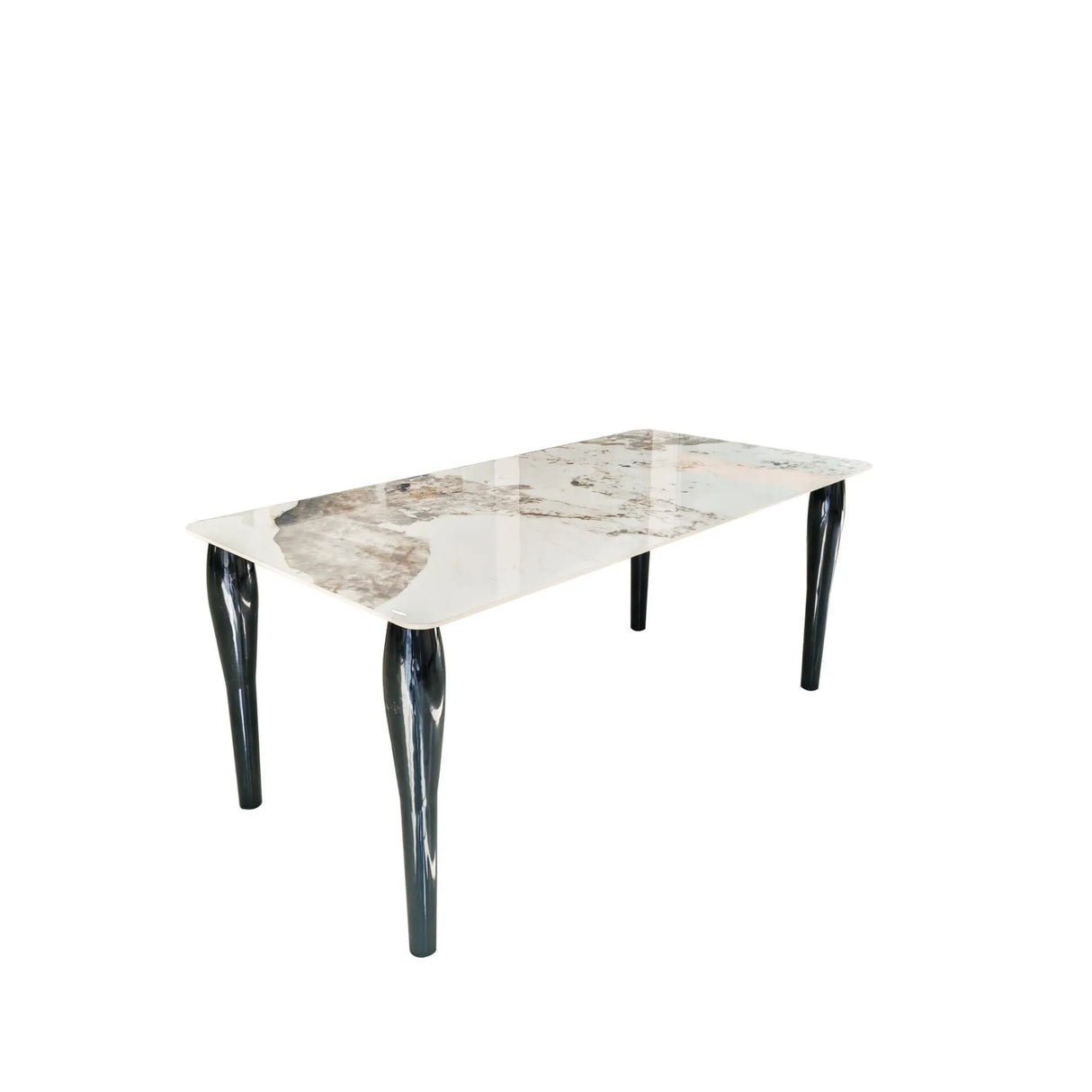 Tavolo rettangolare Kasper con piano in finitura Calacatta Beige e gambe nere in legno