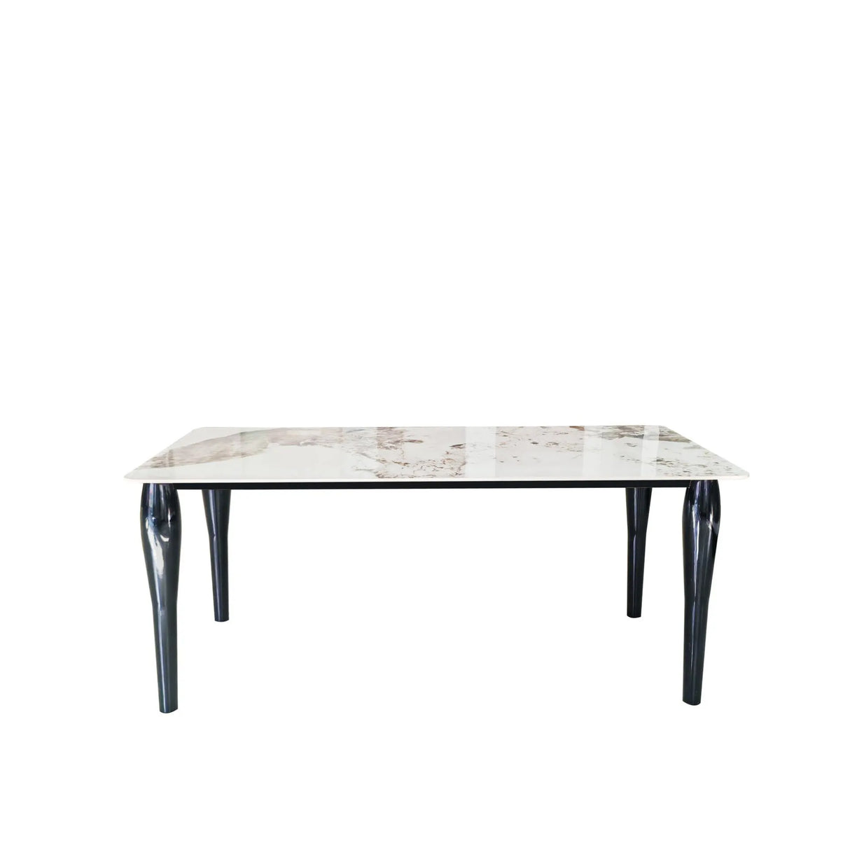 Tavolo rettangolare Kasper con piano in finitura Calacatta Beige e gambe nere in legno