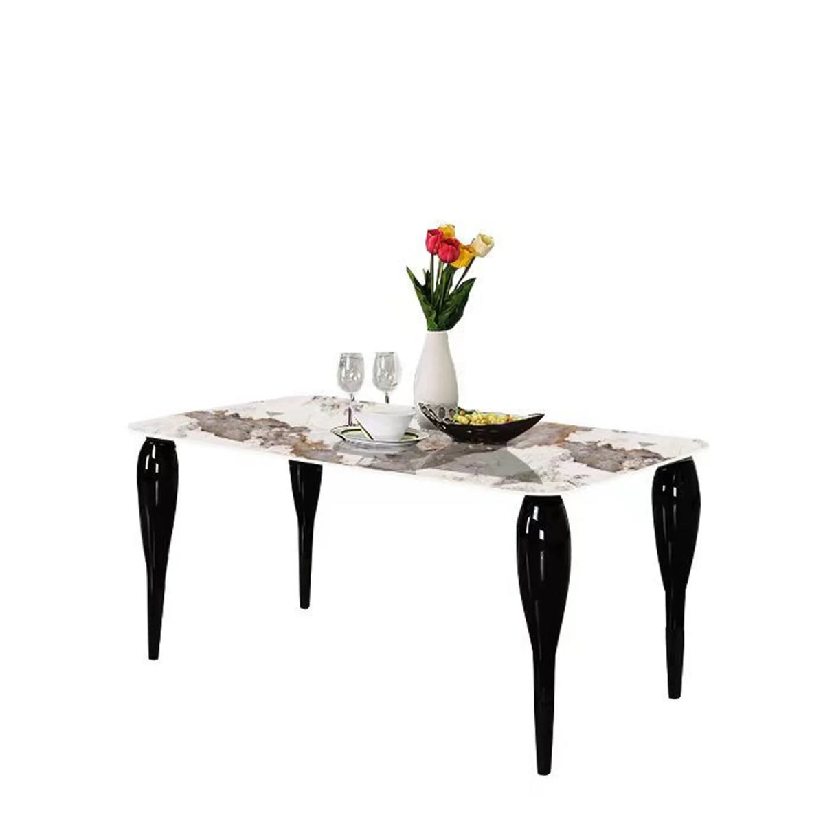 Tavolo rettangolare Kasper con piano in finitura Calacatta Beige e gambe nere in legno