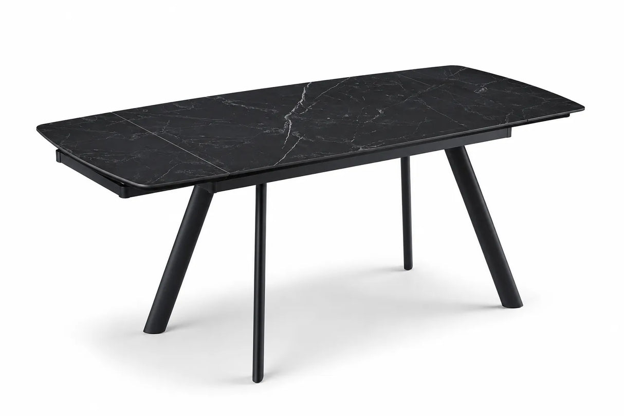 Tavolo allungabile Marte 160/240 cm con piano in ceramica effetto Marmo Nero Creta e struttura in metallo nero.