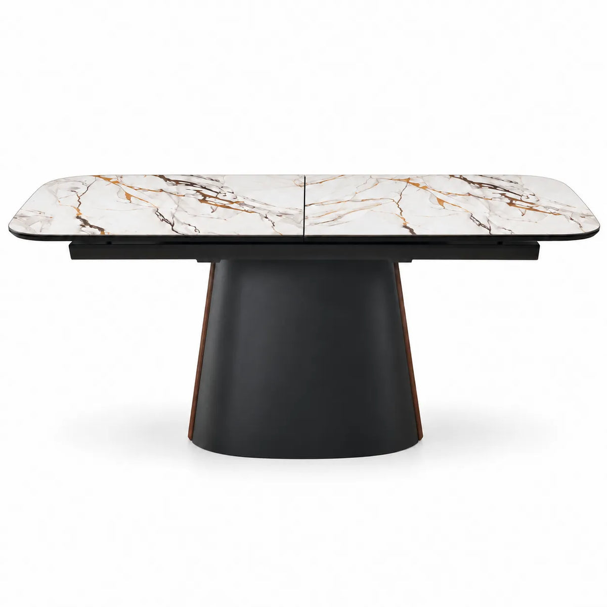 Tavolo Orfeo allungabile 180–230 cm con piano in ceramica Calacatta e base in metallo nero con inserto veneer noce chiaro.