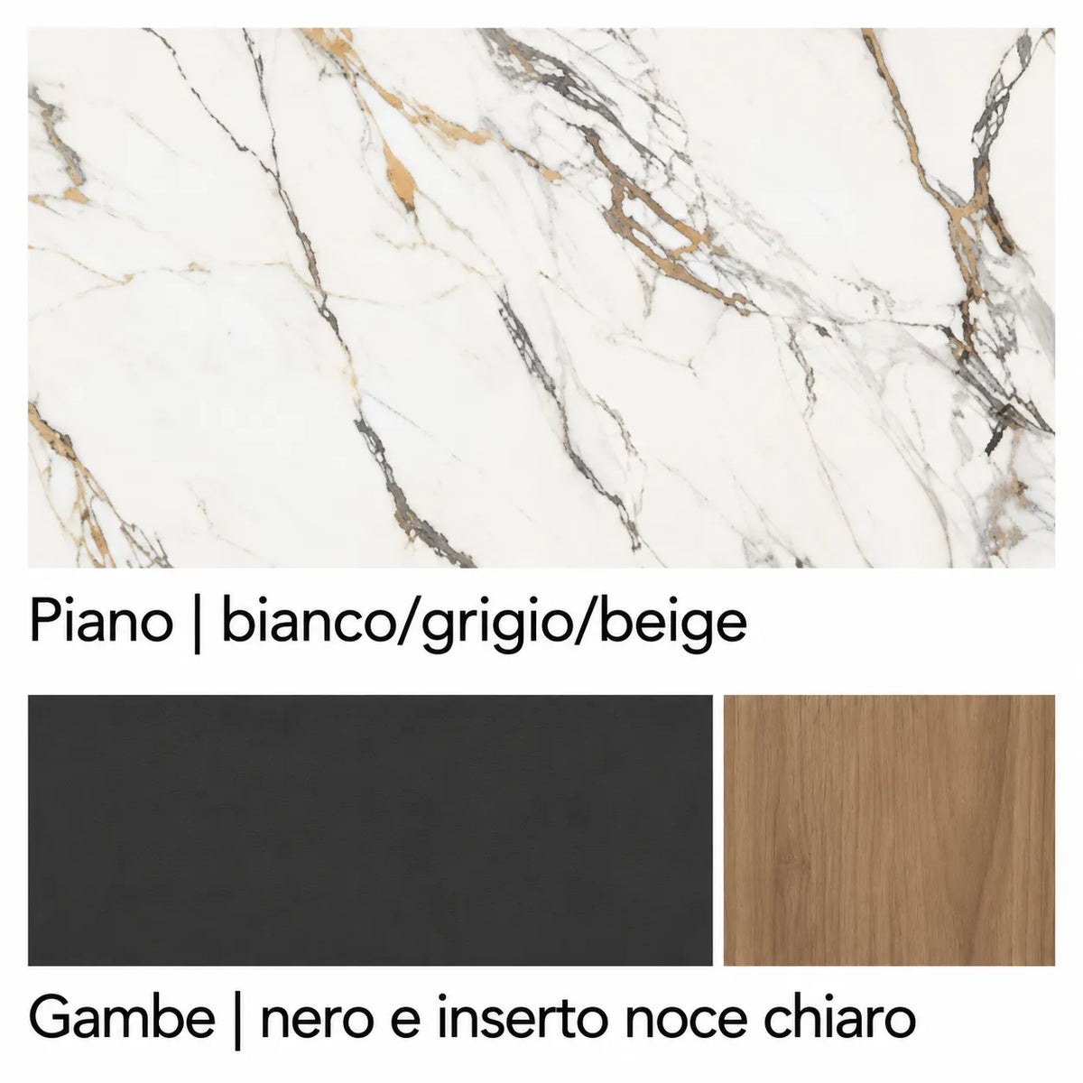 Tavolo Orfeo allungabile 180–230 cm con piano in ceramica Calacatta e base in metallo nero con inserto veneer noce chiaro.