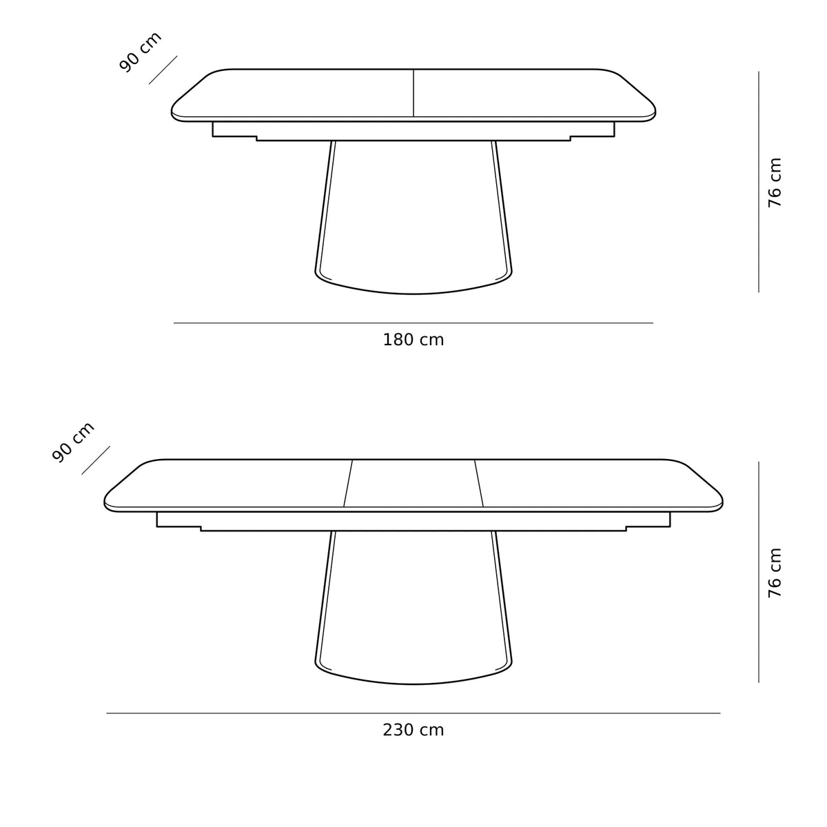 Tavolo Orfeo allungabile 180–230 cm con piano in ceramica Calacatta e base in metallo nero con inserto veneer noce chiaro.