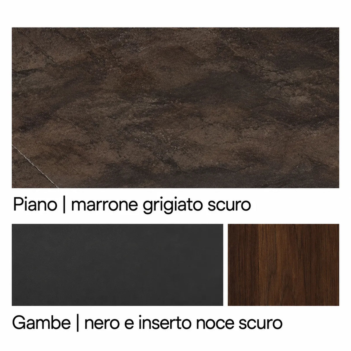 Tavolo Orfeo allungabile 180–230 cm con piano in ceramica marrone grigiato scuro e base in metallo nero con inserto veneer noce scuro.