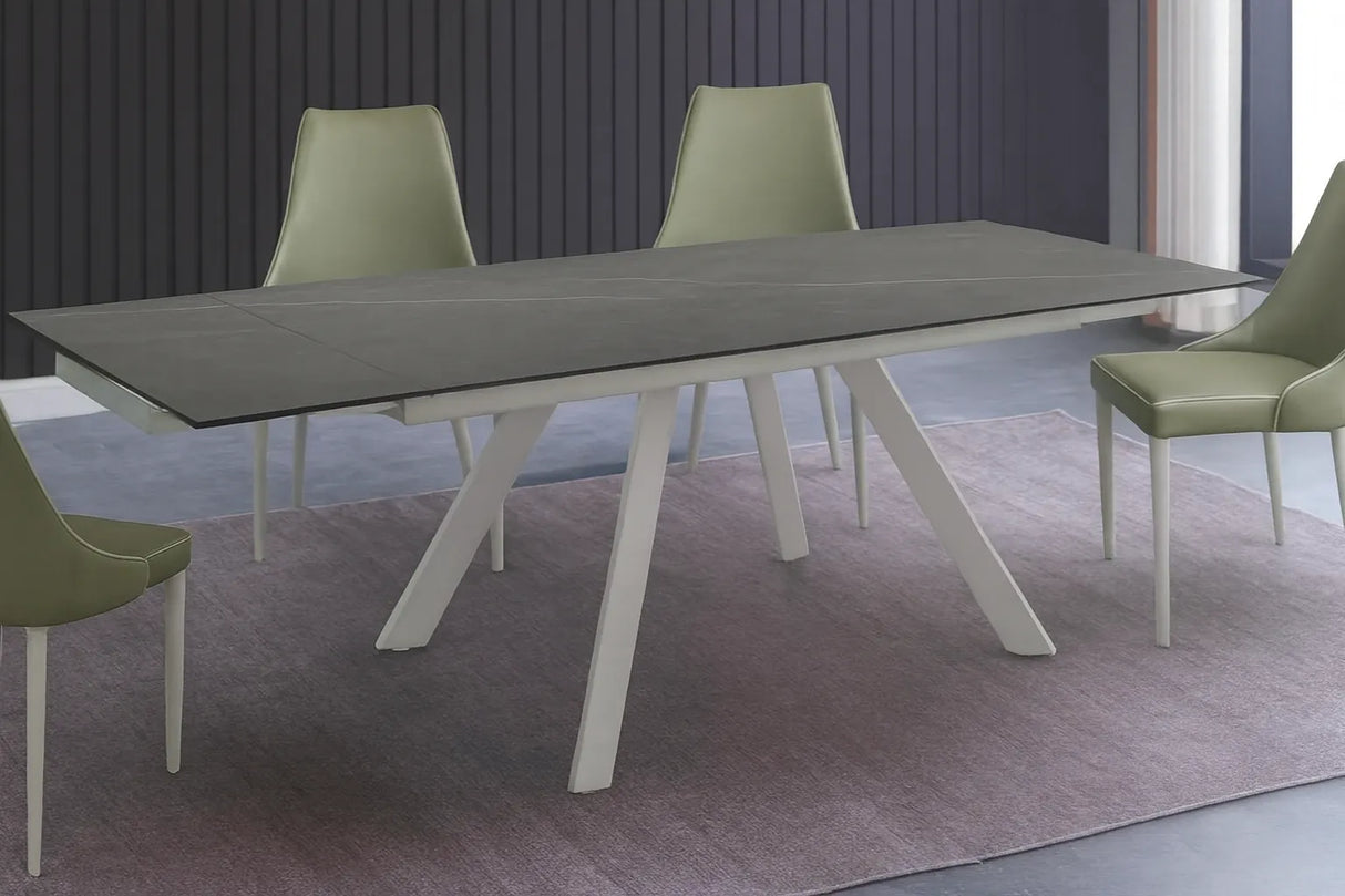 Tavolo Orion allungabile con piano marmo grigio e struttura in metallo bianco