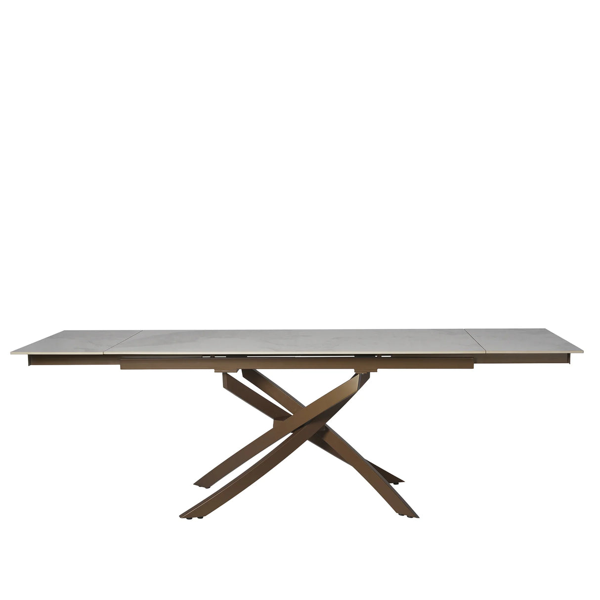 Tavolo Pegaso allungabile in ceramica con gambe incrociate in metallo, design elegante per soggiorno o cucina