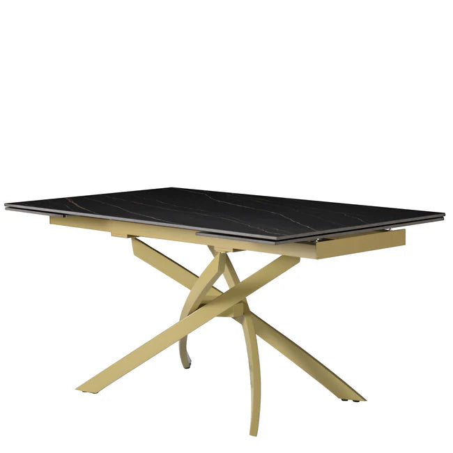 Tavolo Pegaso allungabile in ceramica con gambe incrociate in metallo, design elegante per soggiorno o cucina