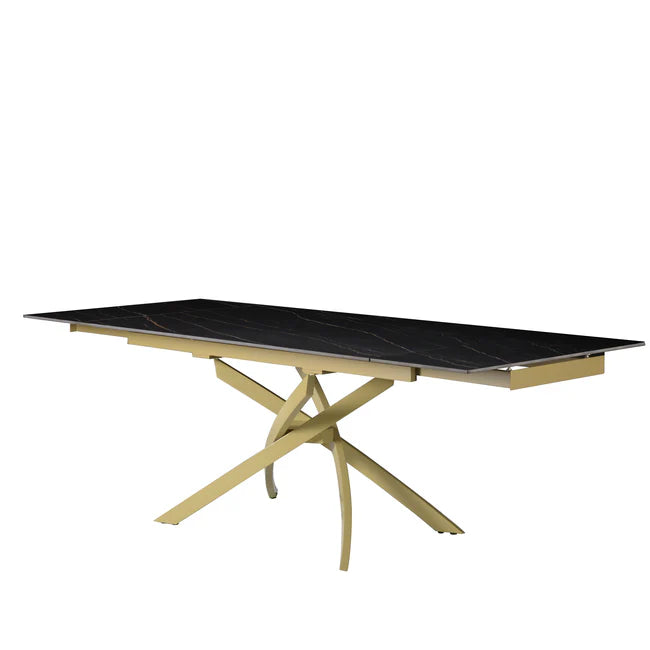 Tavolo Pegaso allungabile in ceramica con gambe incrociate in metallo, design elegante per soggiorno o cucina