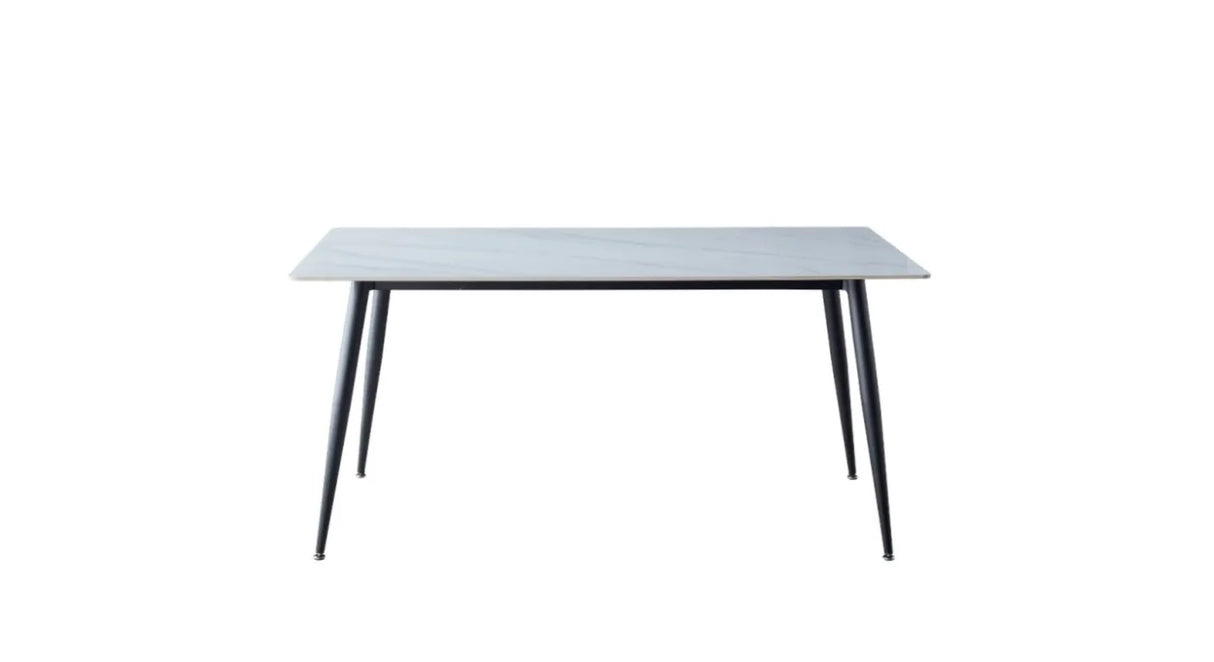 Tavolo da pranzo rettangolare con piano in ceramica marmo bianco e gambe in metallo nero