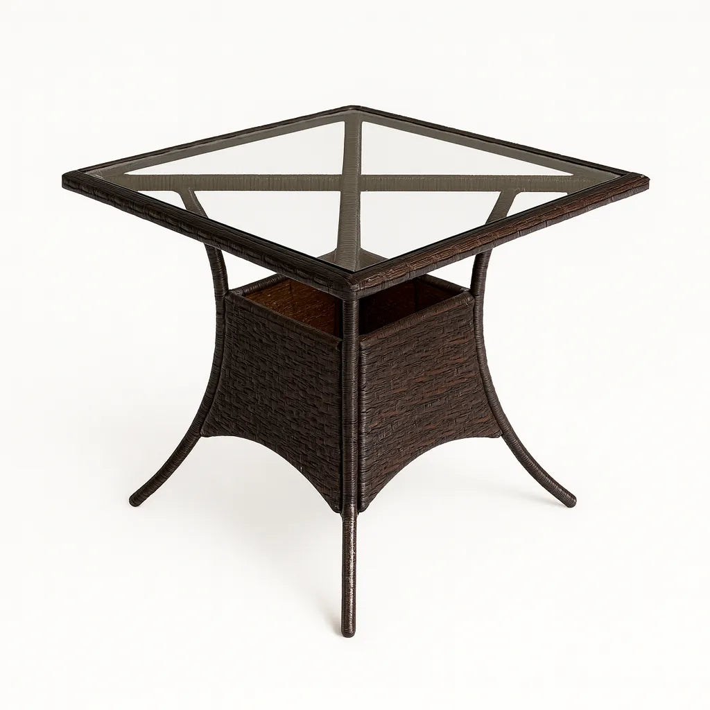 Tavolo Lory quadrato 80x80 cm in rattan intrecciato con piano in vetro temperato per esterni