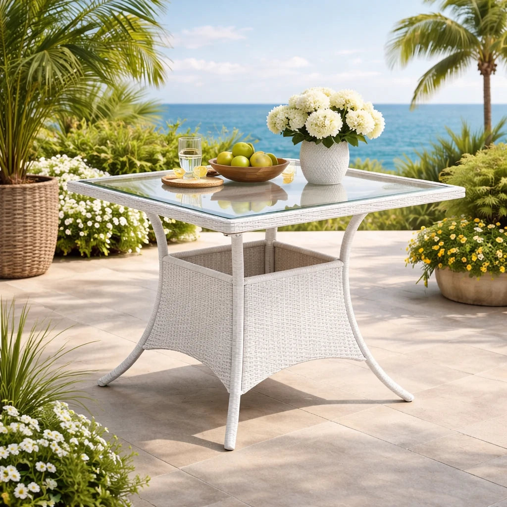 Tavolo Lory quadrato 80x80 cm in rattan intrecciato con piano in vetro temperato per esterni