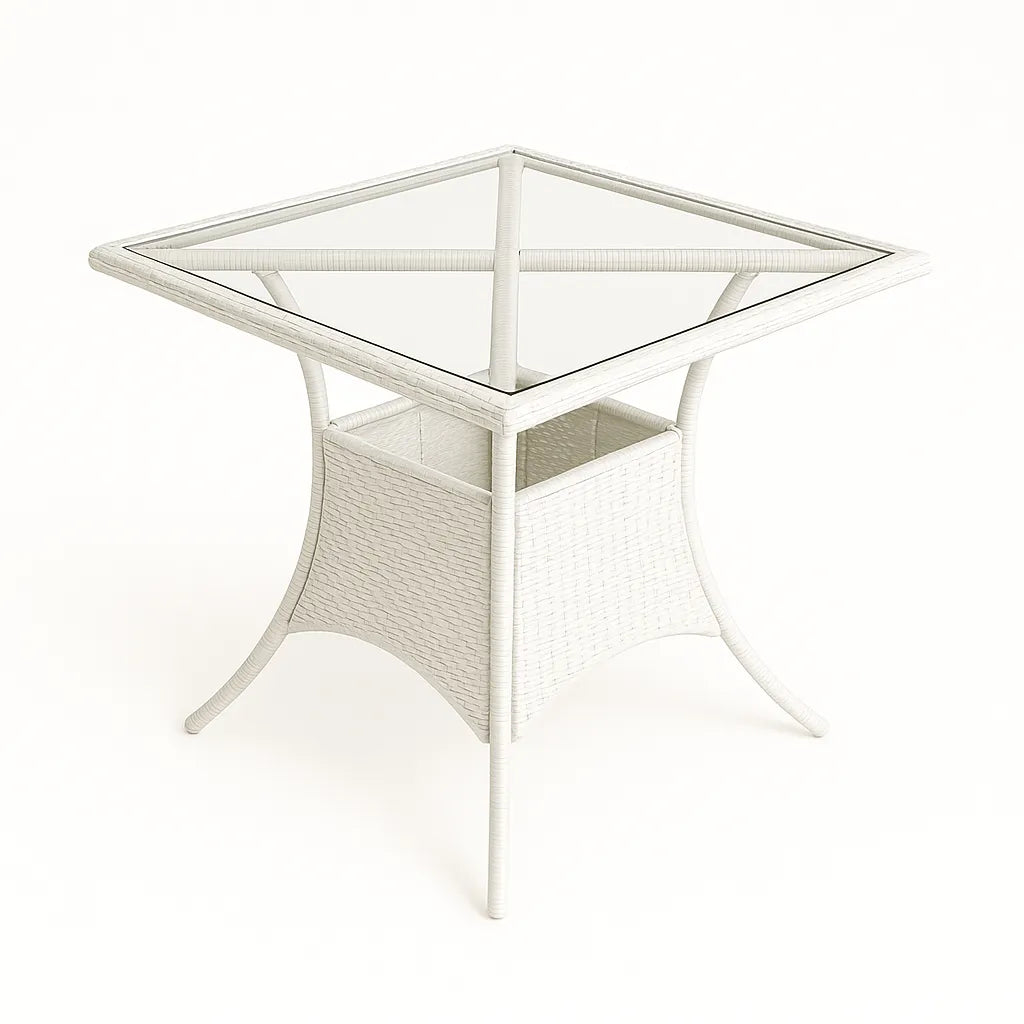 Tavolo Lory quadrato 80x80 cm in rattan intrecciato con piano in vetro temperato per esterni