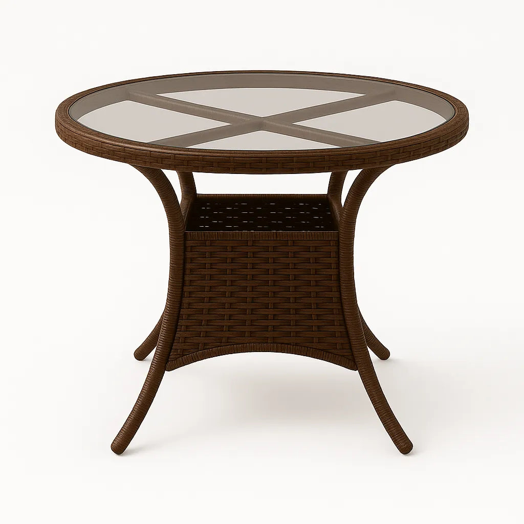 Tavolo Lory rotondo Ø80 cm in rattan intrecciato con piano in vetro temperato per giardino e terrazzo