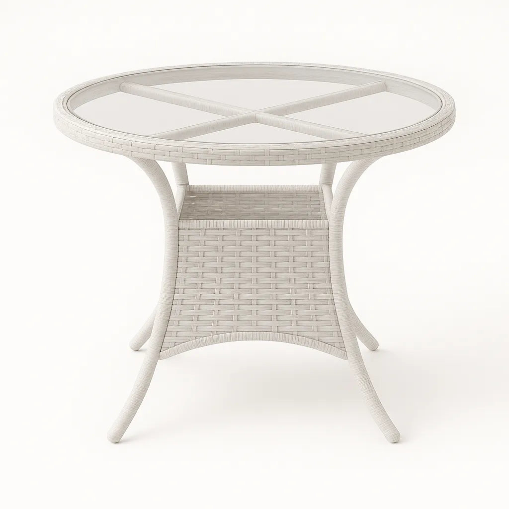 Tavolo Lory rotondo Ø80 cm in rattan intrecciato con piano in vetro temperato per giardino e terrazzo