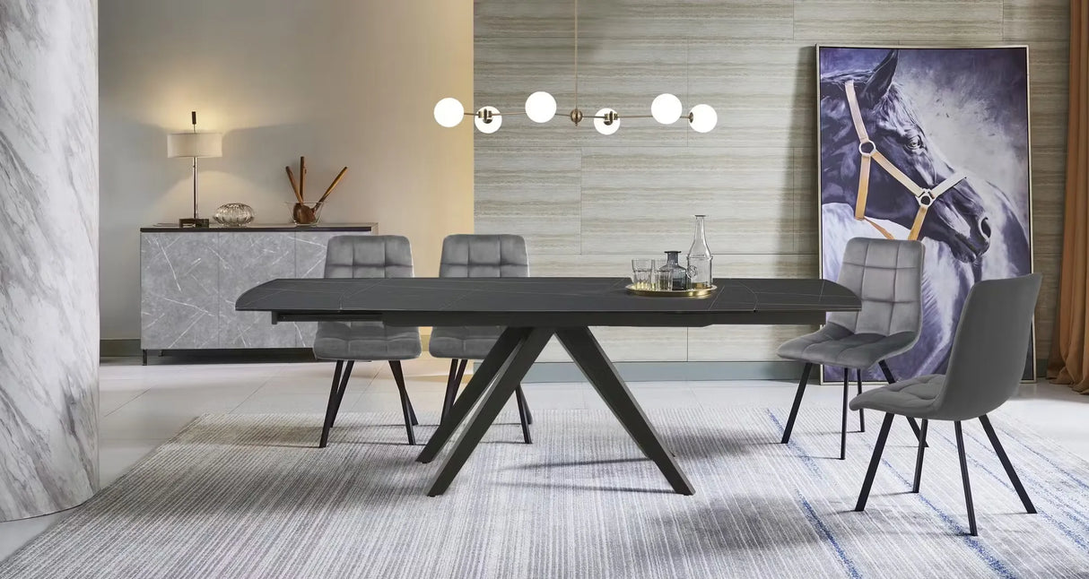 Tavolo Vortice allungabile con piano in ceramica nero e base in acciaio grigio opaco