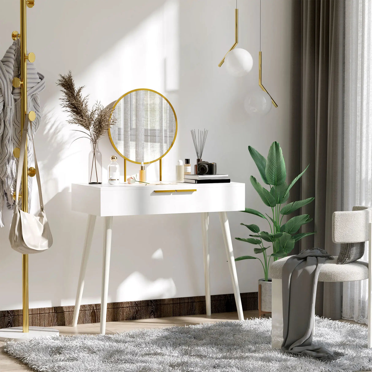 Toeletta bianca con specchio tondo dorato, 2 cassetti portaoggetti e gambe in legno, ideale per postazione trucco elegante.