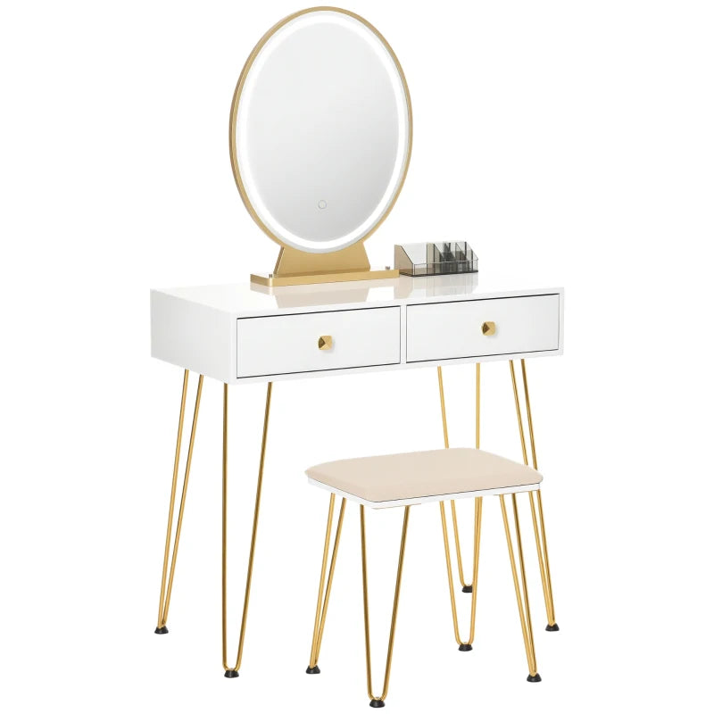 Toeletta bianca con luci LED, specchio touch e sgabello imbottito in stile industriale