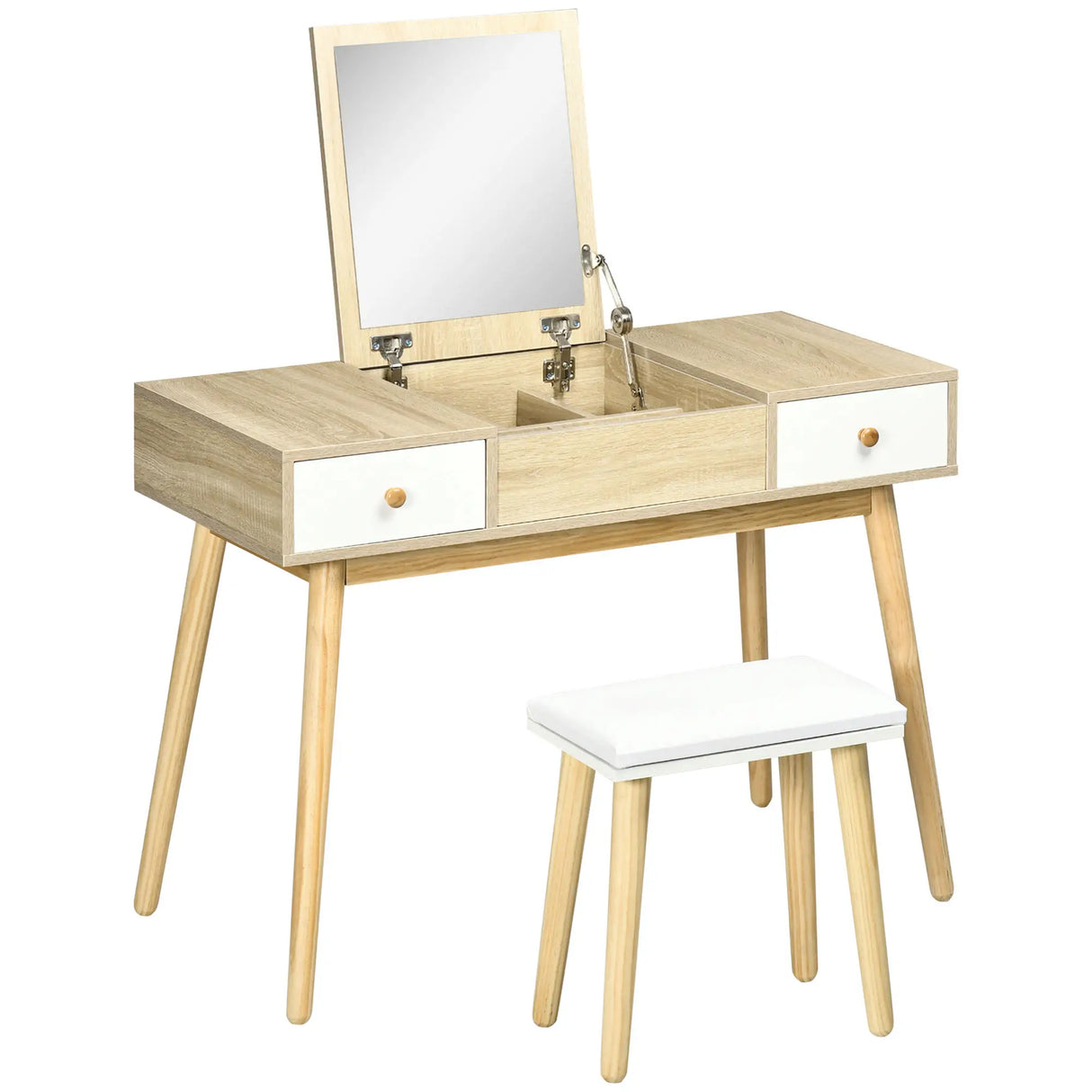 Toeletta color legno con specchio estraibile, 2 cassetti, organizer per gioielli e sgabello imbottito, ideale per postazione trucco moderna.