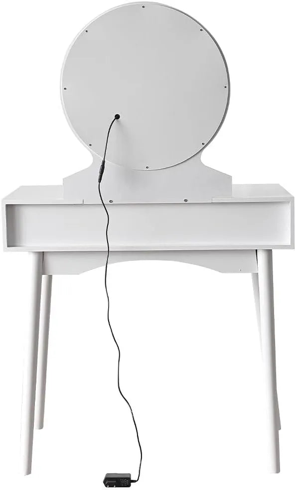 Toeletta trucco Laura Shally Dogan in legno bianco con specchio rotondo illuminato e sgabello imbottito