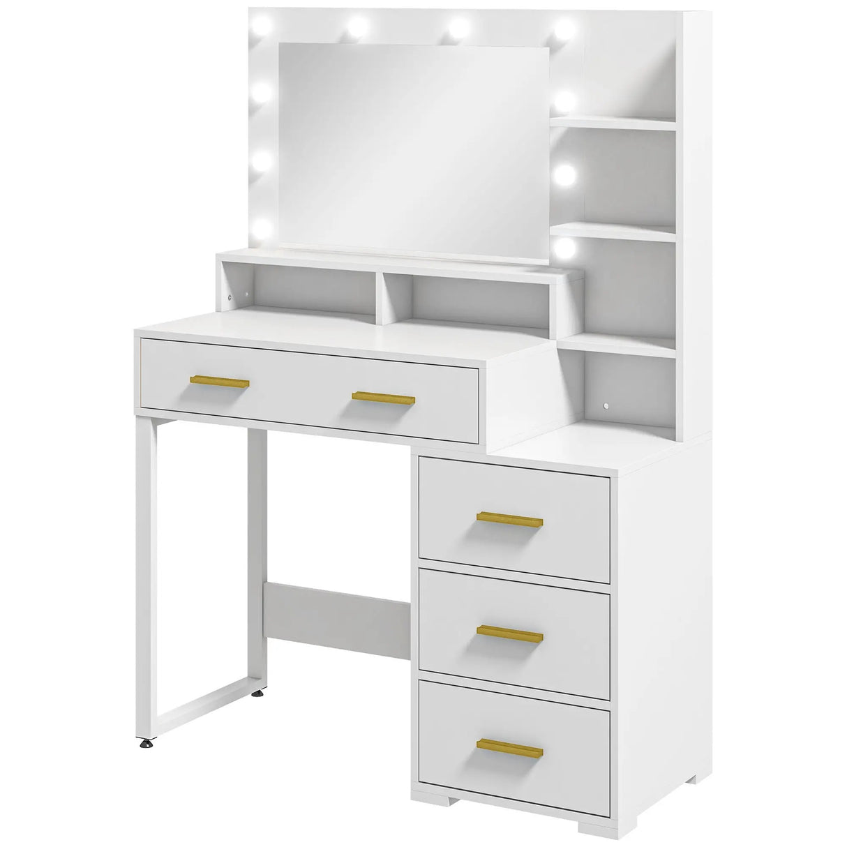 Elegante toeletta da trucco in MDF bianco con specchio rettangolare e 5 cassetti. Ideale per arredare camere da letto moderne, questa coiffeuse offre spazio e stile per la tua routine di bellezza. Superficie facile da pulire e struttura solida in legno melaminico.