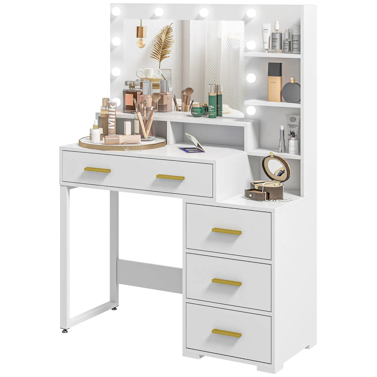 Elegante toeletta da trucco in MDF bianco con specchio rettangolare e 5 cassetti. Ideale per arredare camere da letto moderne, questa coiffeuse offre spazio e stile per la tua routine di bellezza. Superficie facile da pulire e struttura solida in legno melaminico.