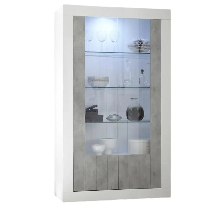 Vetrina Urbino moderna 2 ante in finitura Larice Bianco e Beton con ampio spazio contenitivo