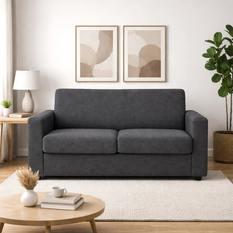 Divano 2 posti in tessuto grigio moderno con braccioli squadrati e piedini neri