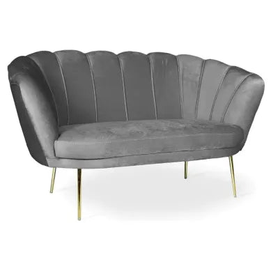Divano due posti Orel in velluto grigio con struttura a conchiglia e piedi in ferro
