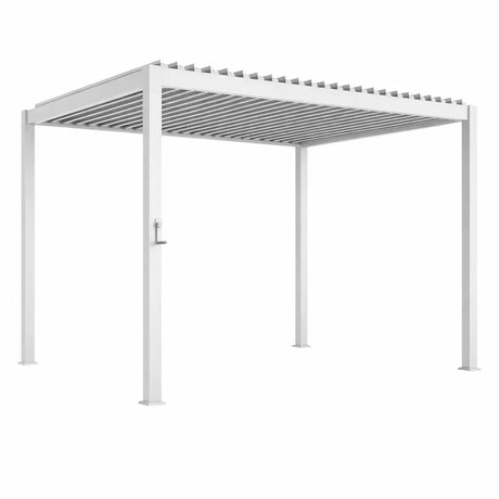 Pergola bioclimatica da giardino 3x4 metri in alluminio bianco con lamelle orientabili, struttura moderna per terrazza o patio.