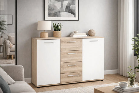 Madia moderna Jacky3 con 4 ante e 2 cassetti in bianco e rovere, ideale per soggiorno, ingresso, camera o ufficio. Mobile contenitore multiuso 160 cm.