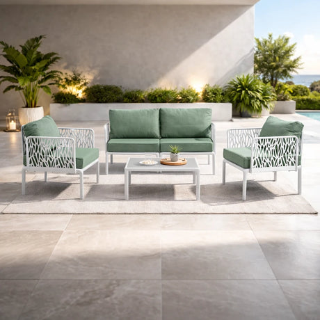 Set da giardino Hoya con divano, poltrone e tavolino in resina bianco e verde