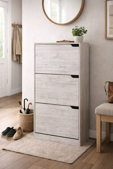 Scarpiera salvaspazio 3 ante ribalta doppia profondità in legno grigio o olmo, compatta ed elegante per ogni ambiente