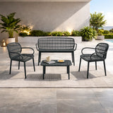 Set da giardino Positano in resina intrecciata con divano due posti, due poltrone e tavolino basso