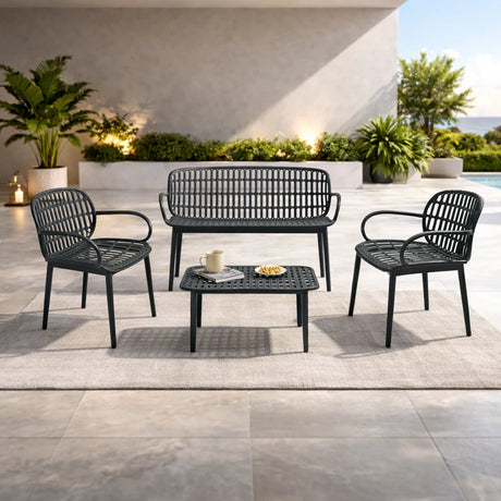 Set da giardino Positano in resina intrecciata con divano due posti, due poltrone e tavolino basso