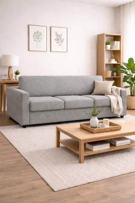 Divano 3 posti in tessuto grigio moderno con braccioli squadrati e piedini neri