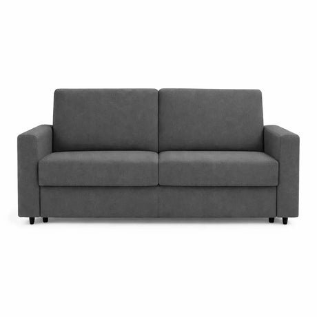 Divano letto 3 posti in tessuto con rete elettrosaldata, apertura a ribalta, maniglia estraibile e vano porta cuscini integrato.