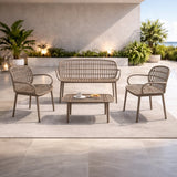 Set da giardino Positano in resina intrecciata con divano due posti, due poltrone e tavolino basso