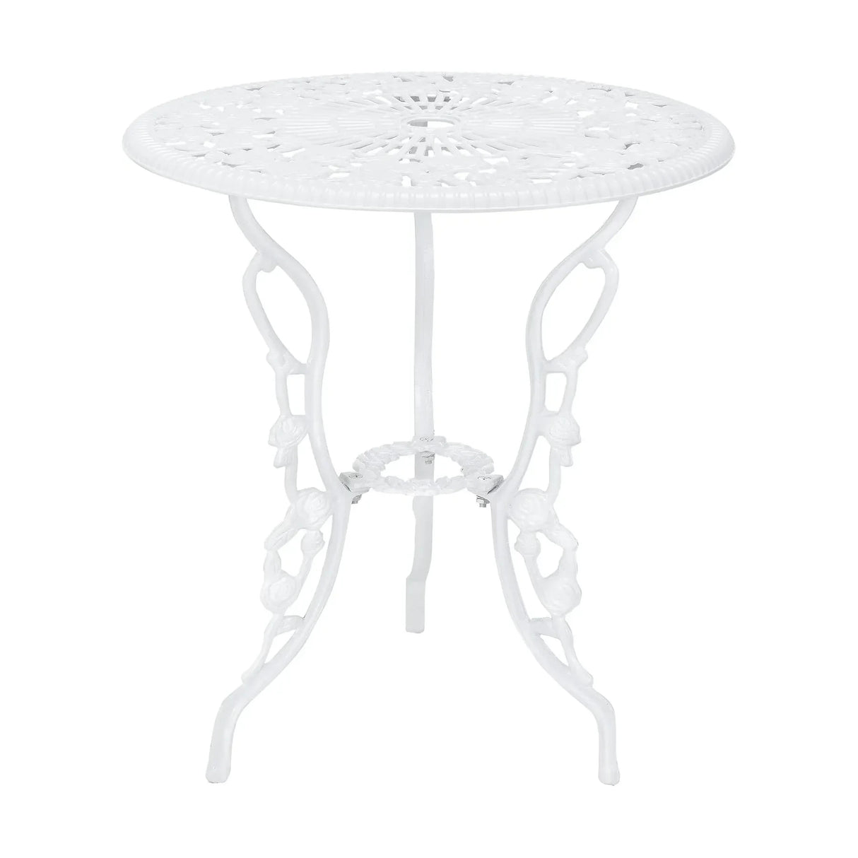 Set da giardino vintage 3 pezzi in alluminio bianco, composto da tavolo con foro per ombrellone e due sedie decorate in stile floreale
