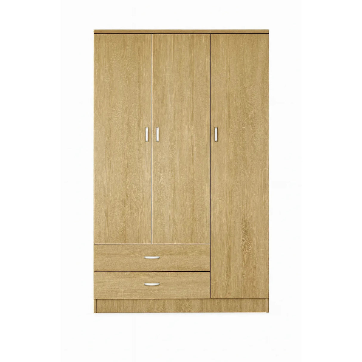 Armadio moderno a 3 ante e 2 cassetti con chiusura soft-close e tubo appendiabiti, ideale per camere da letto eleganti e funzionali.
