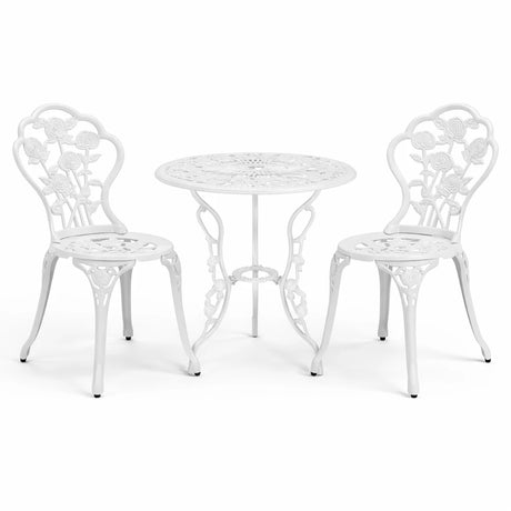 Set da giardino vintage 3 pezzi in alluminio bianco, composto da tavolo con foro per ombrellone e due sedie decorate in stile floreale
