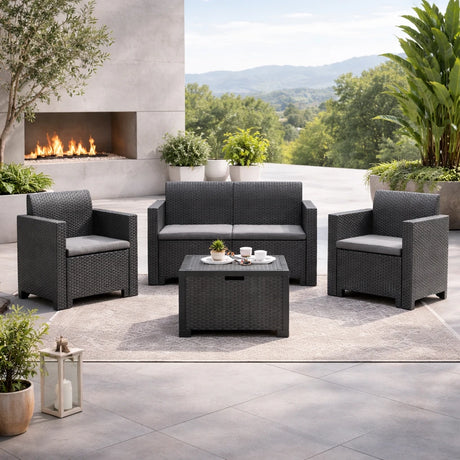 Set salottino da esterno Nebraska con divano 2 posti, 2 poltrone, tavolino e cuscini sfoderabili in rattan