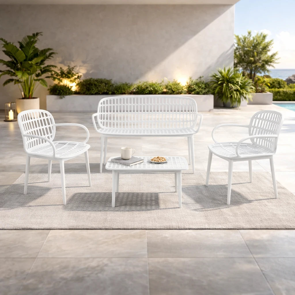 Set da giardino Positano in resina intrecciata con divano due posti, due poltrone e tavolino basso